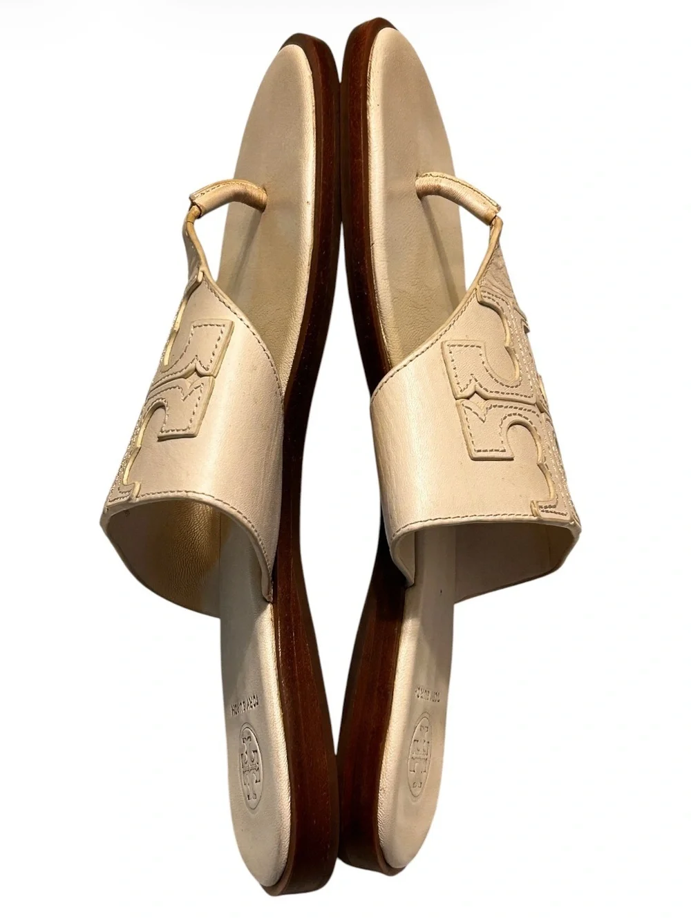 Tory Burch Jamie Dulce De Leche Leather Logo Thong Slide Sandals Women 7M